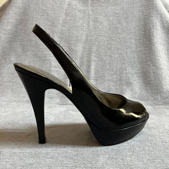 Guess Black Patent Leather Peep Toe Platform Heels. Size 7M - Picture 3 of 12